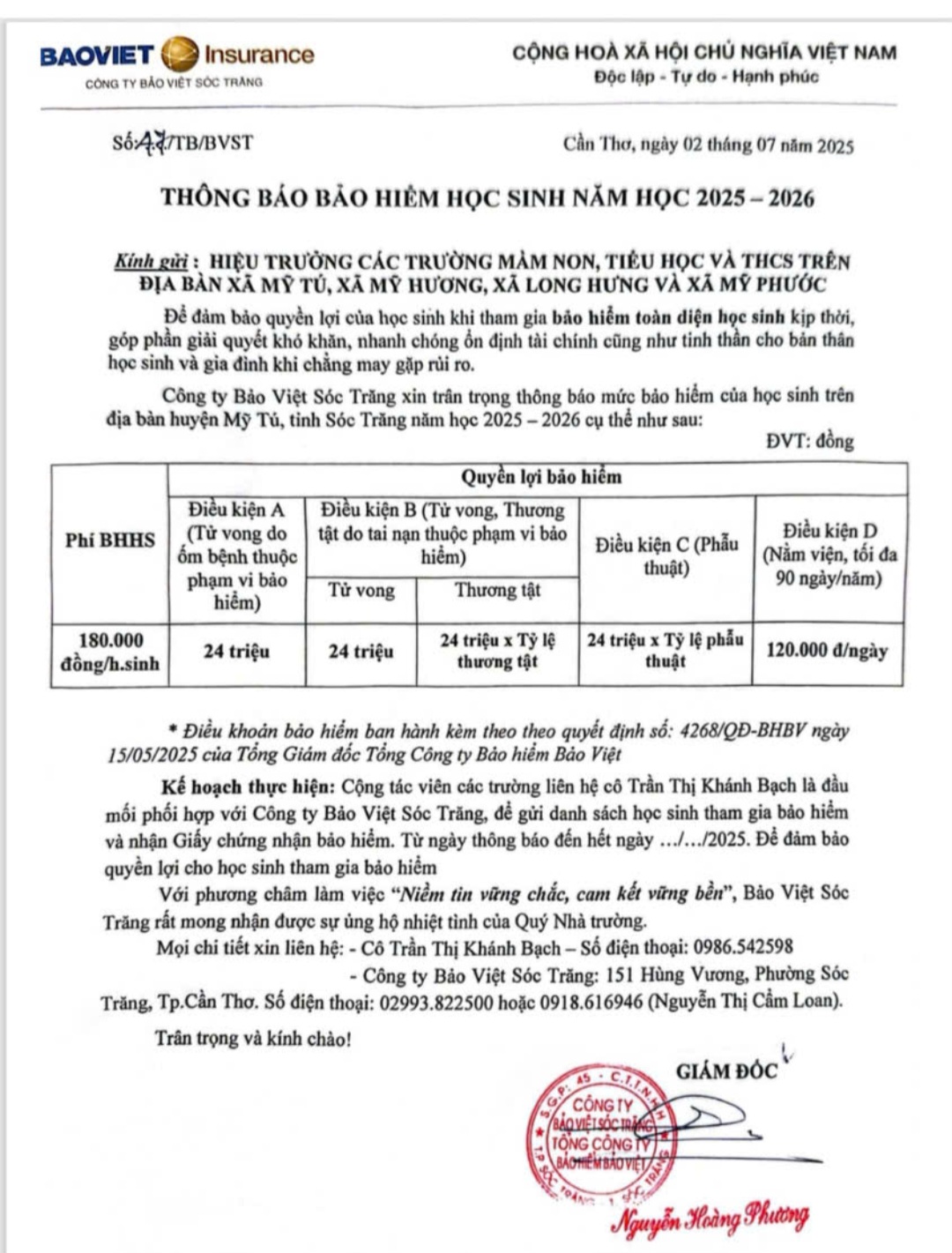 THÔNG BÁO BẢO HIỂM HỌC SINH NĂM HỌC 2025-2026