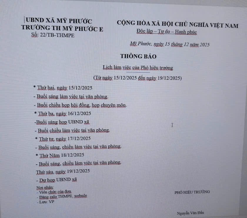 Lịch làm việc từ 15/12/2025 đến ngày 19/12/2025